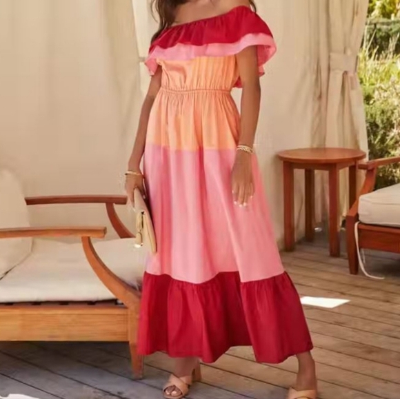 English Factory Dresses & Skirts - Anthropologie English Factory Colorblock Off Shoulder Tiered Summer Maxi Dress